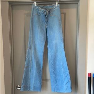 1970s Vintage Wild Oats- Light Blue Wide-Japanese Embroidered Flare Jeans- Women
